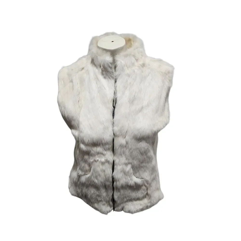 WHBM White‎ House Black Market L Rabbit Fur Vest Zip Front Ivory Faux Fur Trim